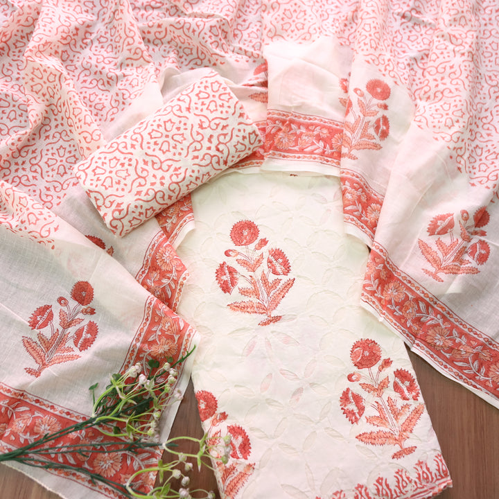 Shabaab Off White with Orange Block Print Applique Cotton Set