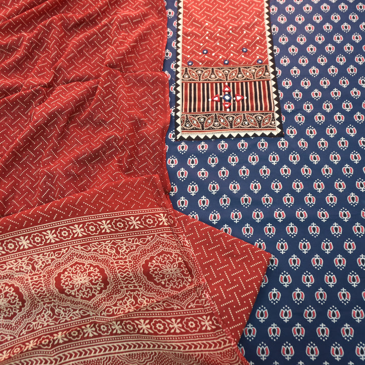 Saheli Denim Blue Kutch Mirror Yoke Lotus Print Cotton Set