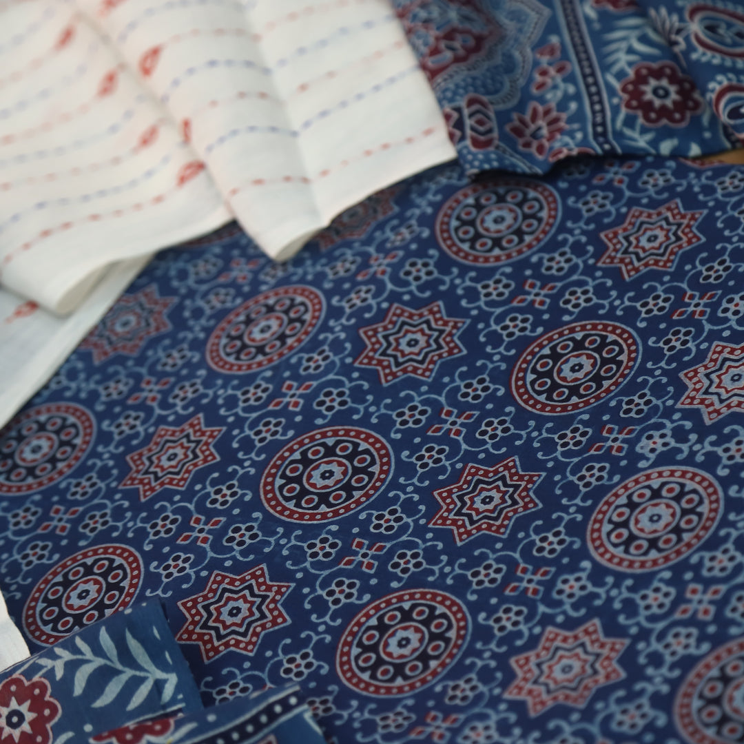 Rooprani Sapphire Blue All Over Ajrak Printed Cotton Suit Set D2