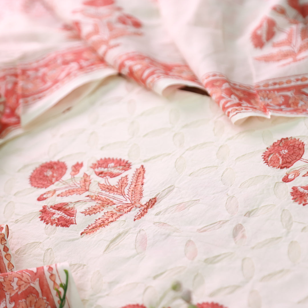 Shabaab Off White with Orange Block Print Applique Cotton Set