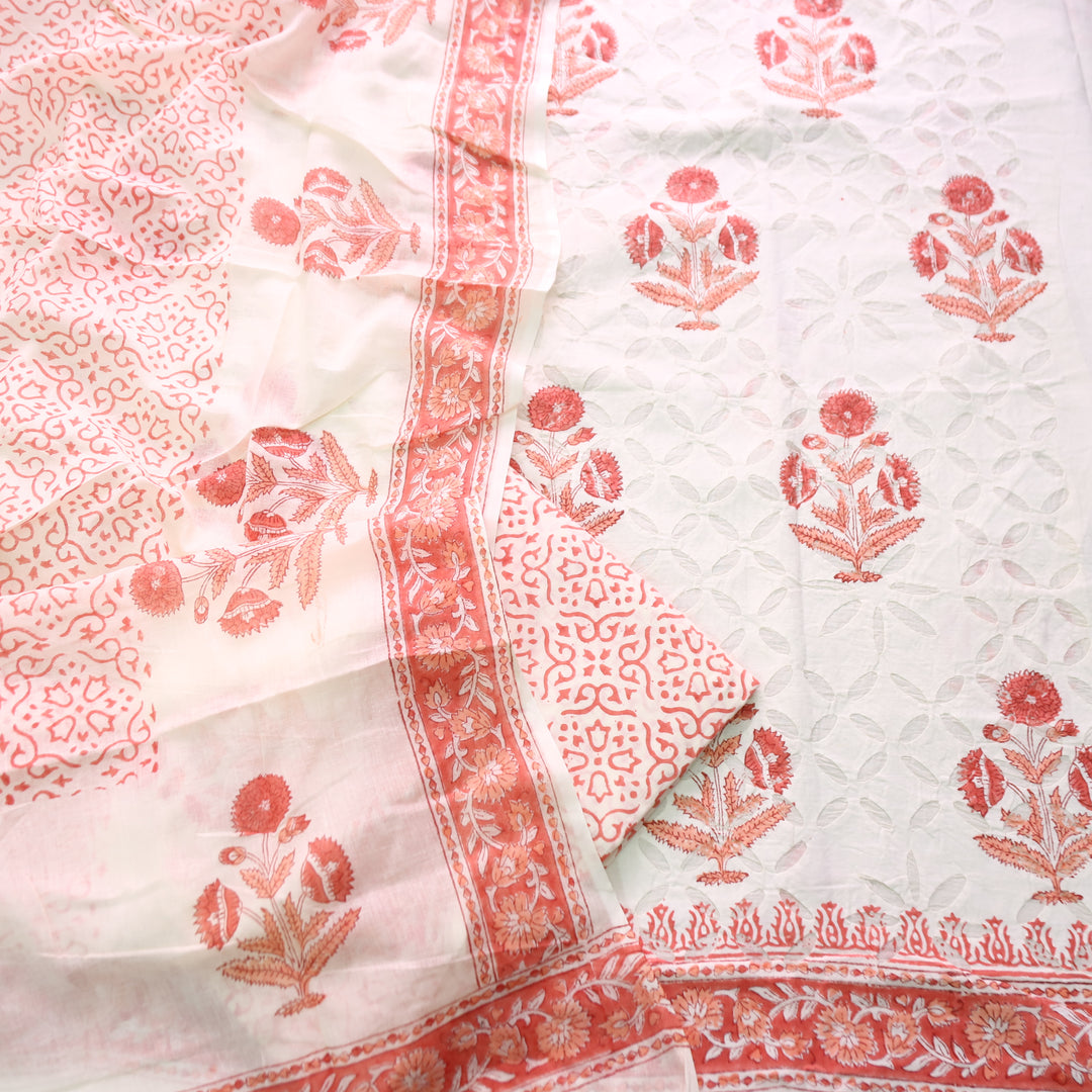 Shabaab Off White with Orange Block Print Applique Cotton Set