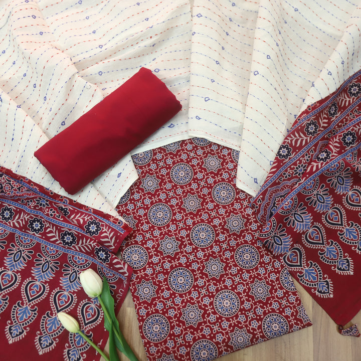 Rooprani Cranberry Red All Over Ajrak Printed Cotton Suit Set D2