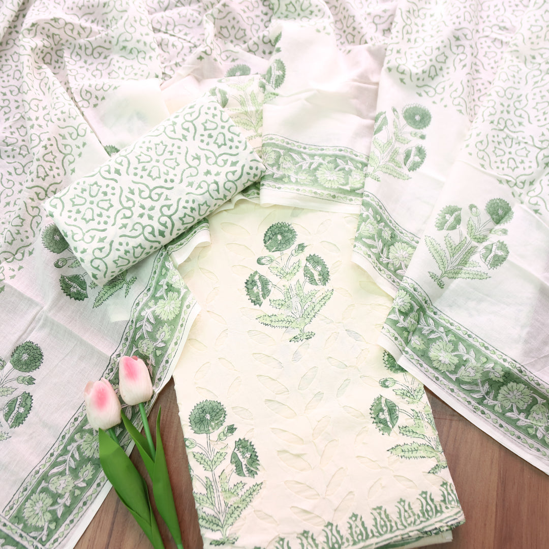 Shabaab Off White with Green Block Print Applique Cotton Set
