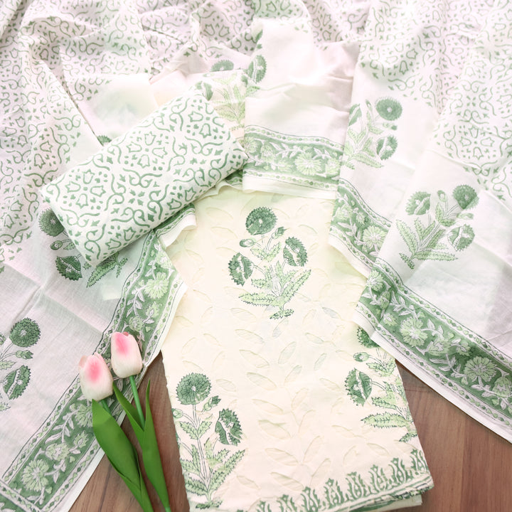 Shabaab Off White with Green Block Print Applique Cotton Set