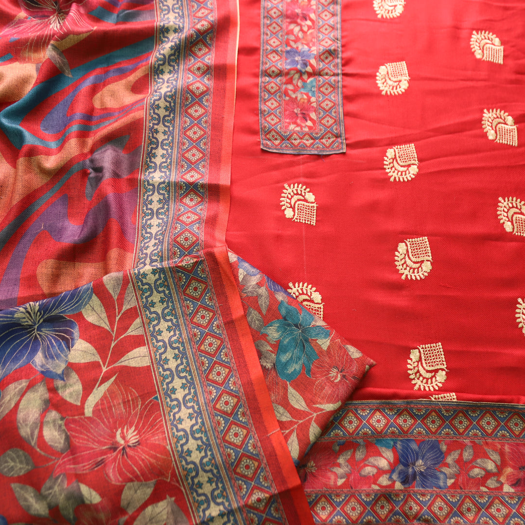 उर्वशी Cranberry Red Print Patch in Floral Embroidery Work Semi Pashmina Winter Set