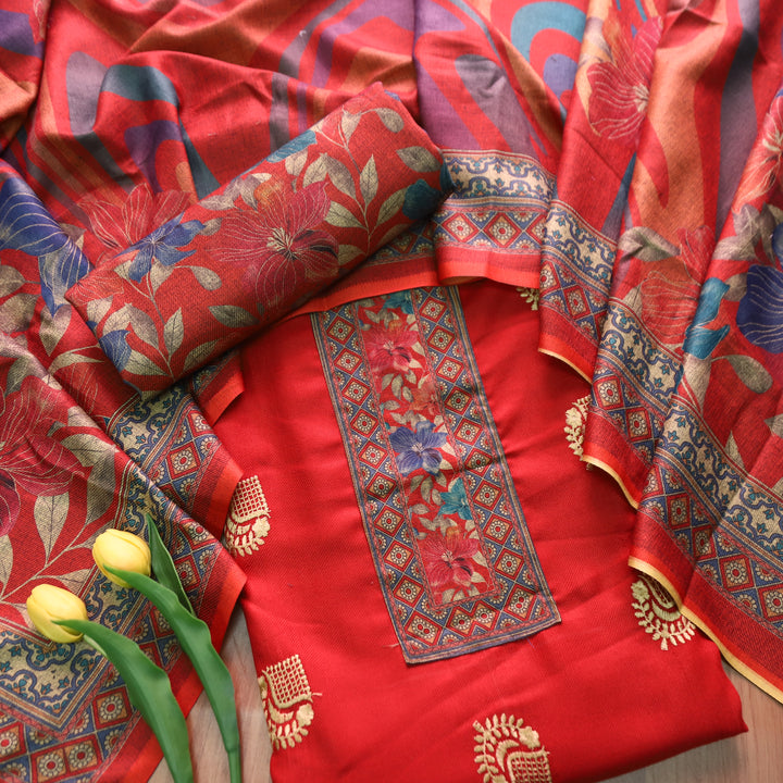उर्वशी Cranberry Red Print Patch in Floral Embroidery Work Semi Pashmina Winter Set