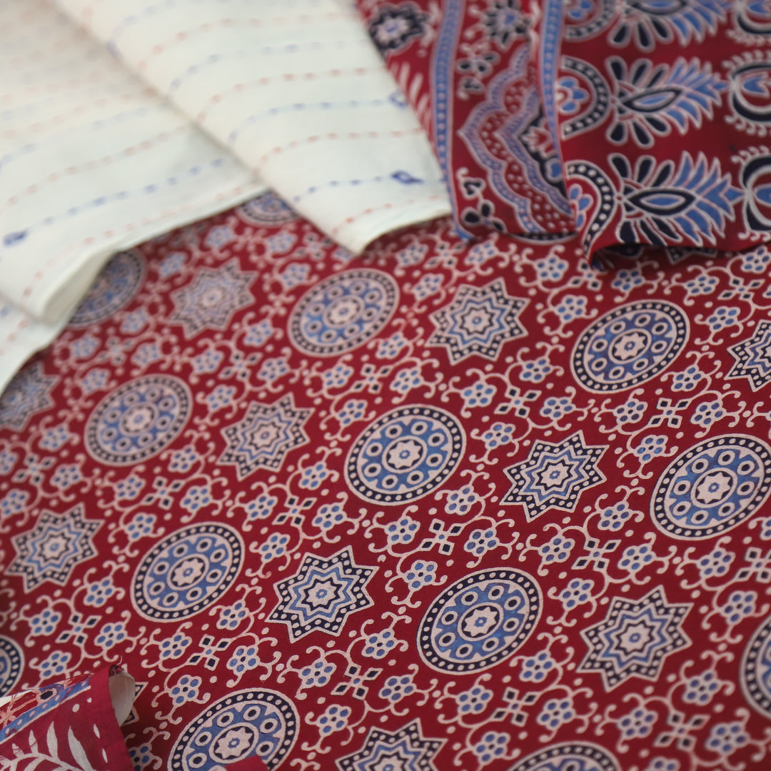 Rooprani Cranberry Red All Over Ajrak Printed Cotton Suit Set D2
