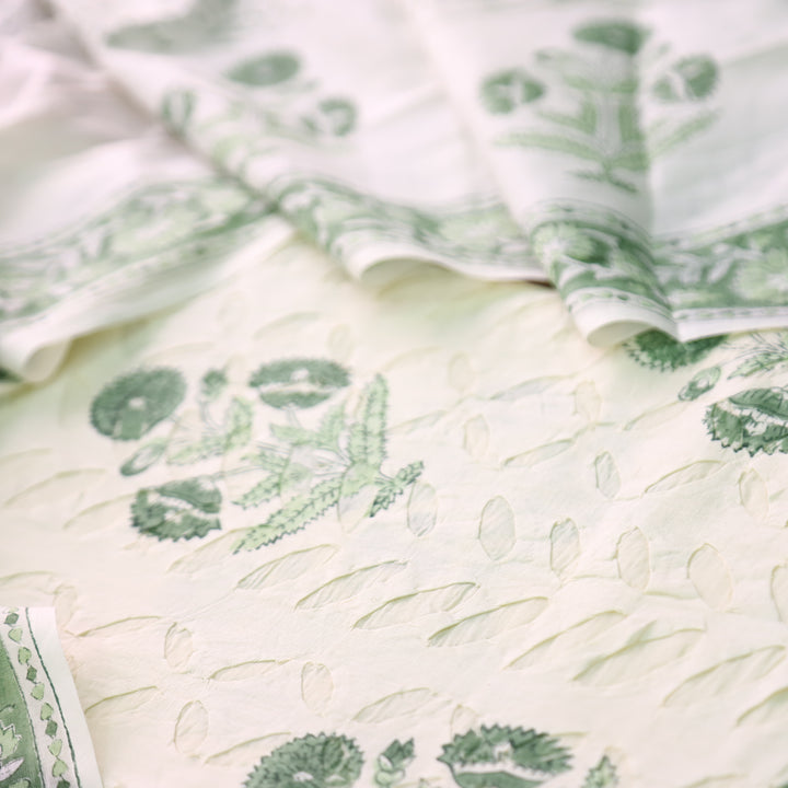 Shabaab Off White with Green Block Print Applique Cotton Set