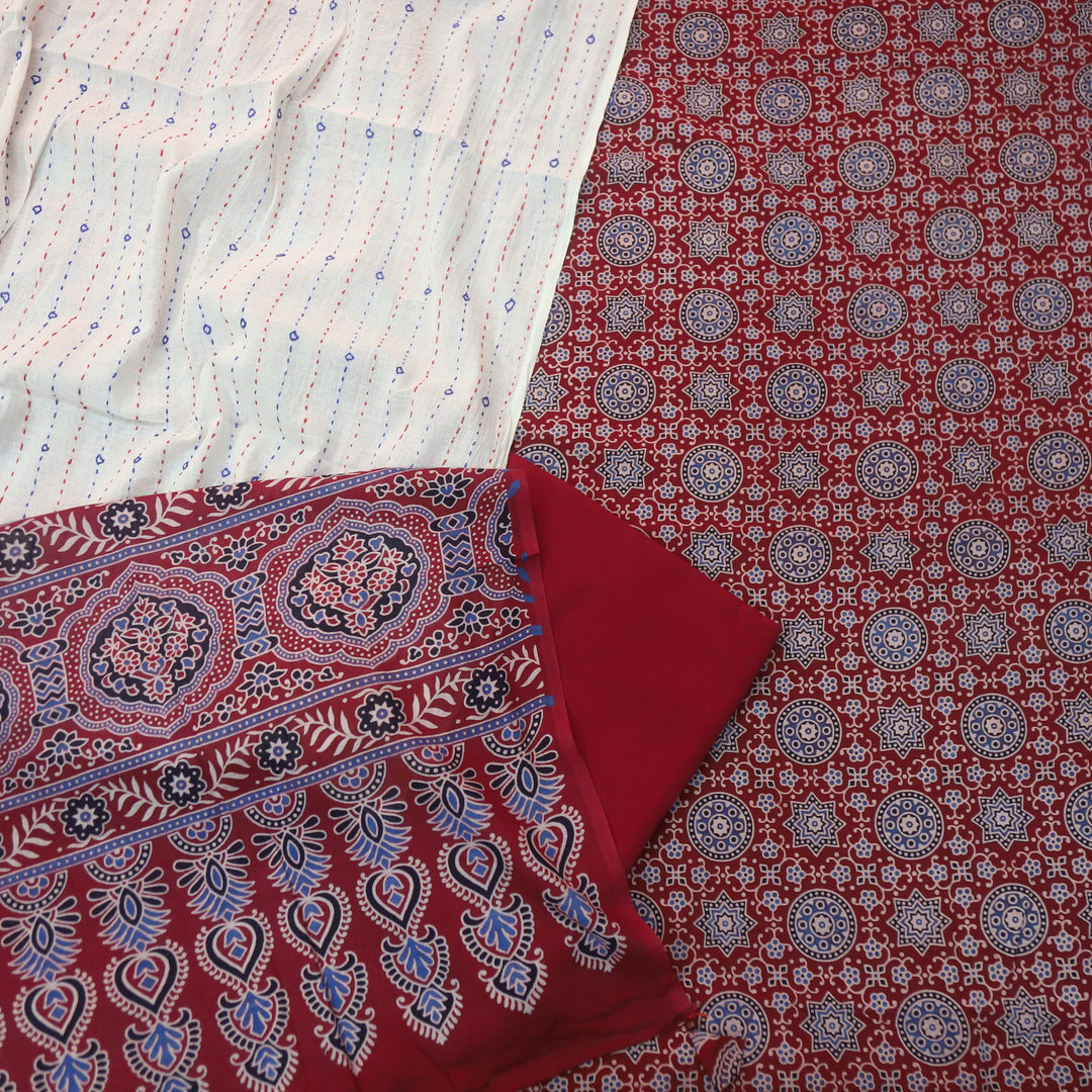 Rooprani Cranberry Red All Over Ajrak Printed Cotton Suit Set D2