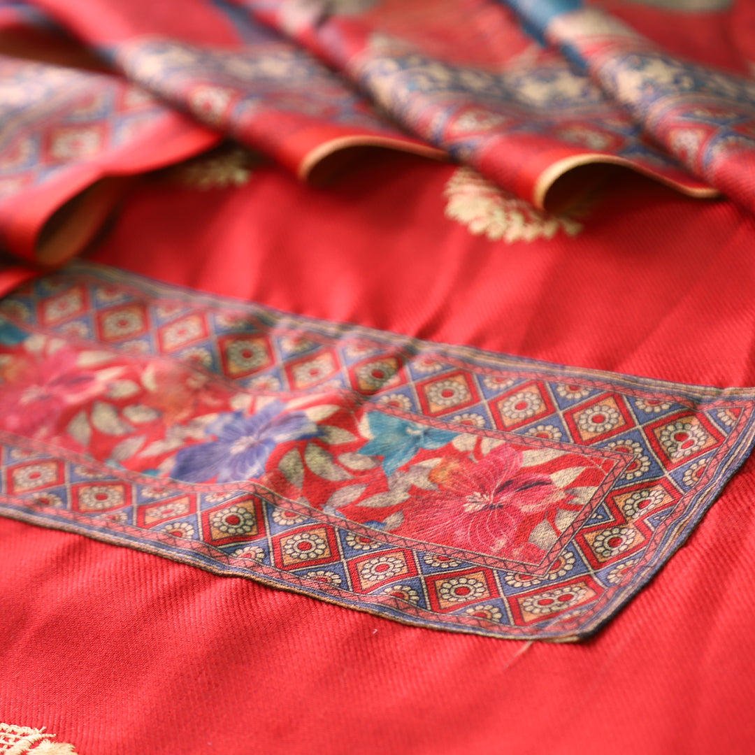 उर्वशी Cranberry Red Print Patch in Floral Embroidery Work Semi Pashmina Winter Set