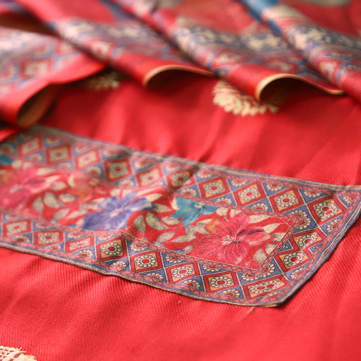 उर्वशी Cranberry Red Print Patch in Floral Embroidery Work Semi Pashmina Winter Set