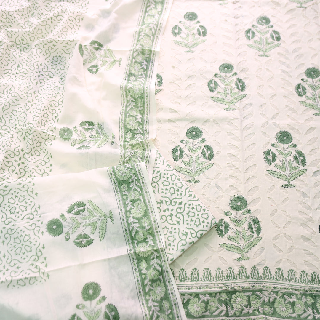 Shabaab Off White with Green Block Print Applique Cotton Set