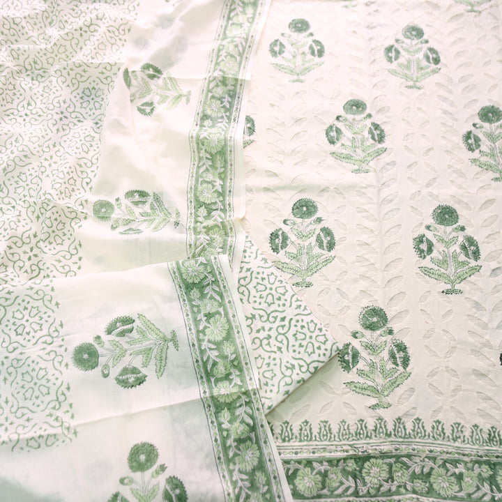 Shabaab Off White with Green Block Print Applique Cotton Set