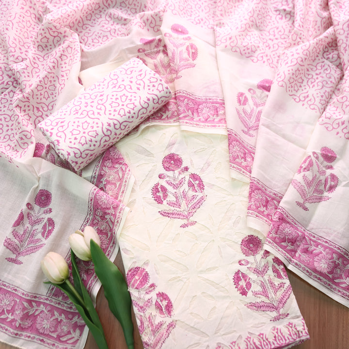 Shabaab Off White with Purple Block Print Applique Cotton Set