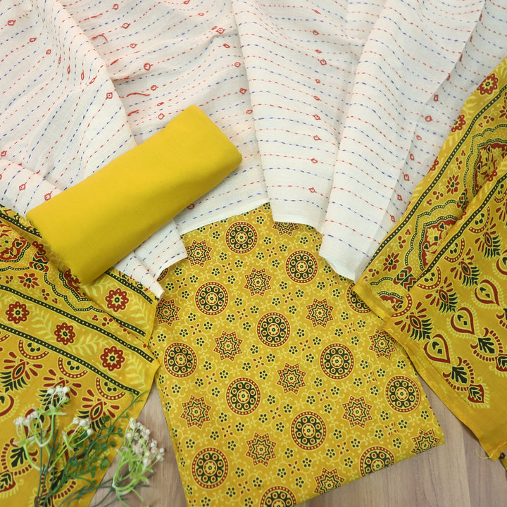 Rooprani Bright Yellow All Over Ajrak Printed Cotton Suit Set-D2
