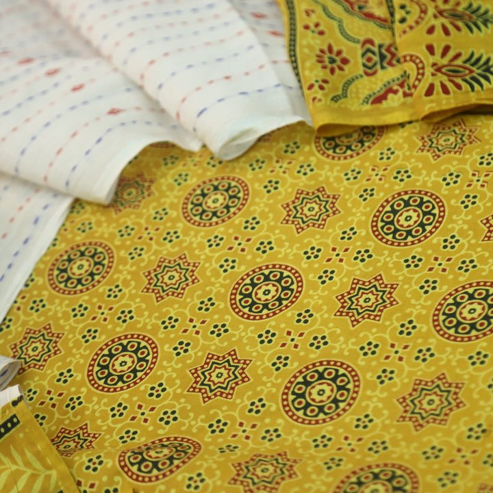 Rooprani Bright Yellow All Over Ajrak Printed Cotton Suit Set-D2