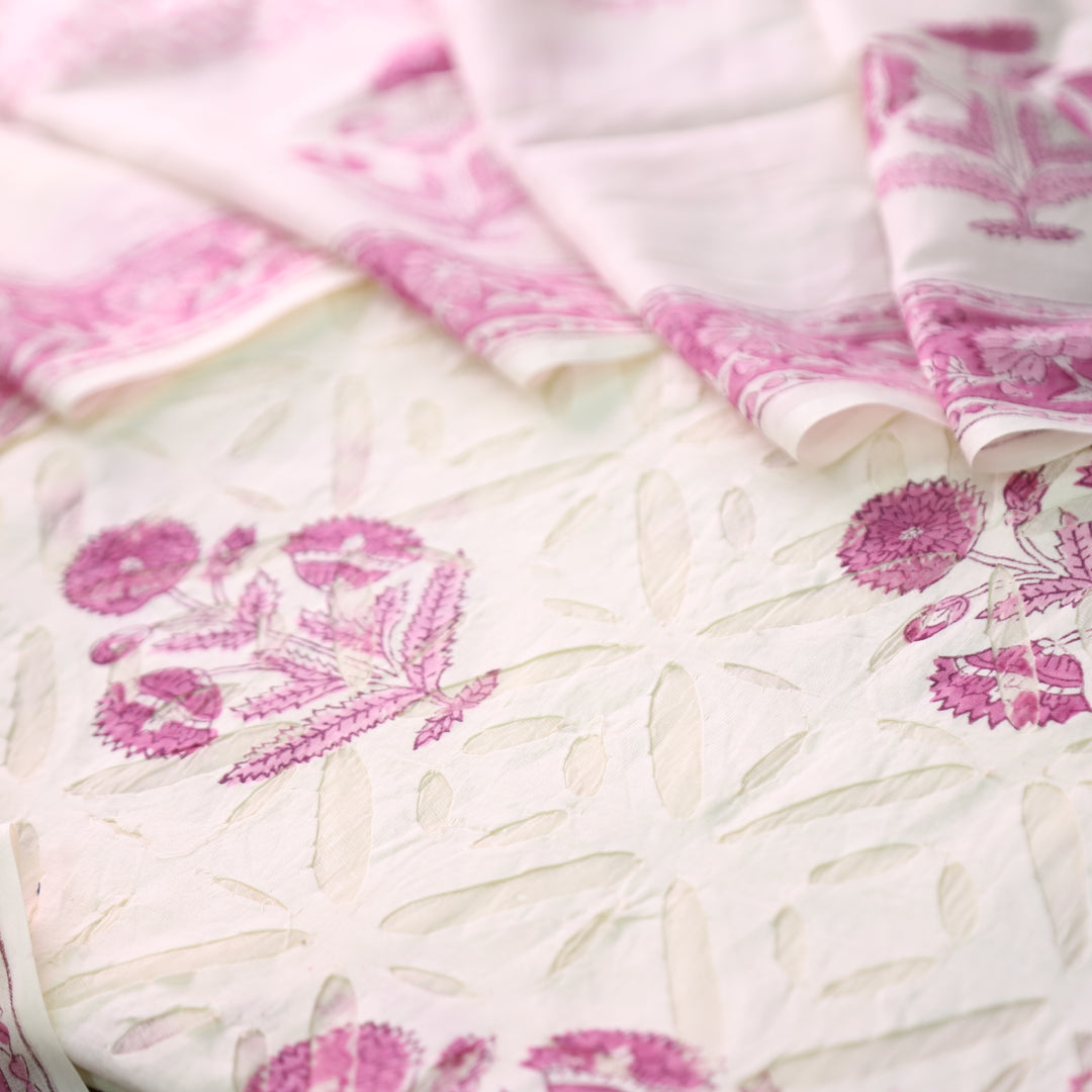 Shabaab Off White with Purple Block Print Applique Cotton Set