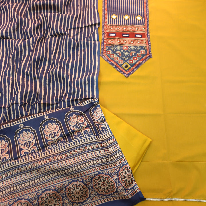 Roopsidhi Beetle Yellow Mirror With Printed Yoke Cotton Set