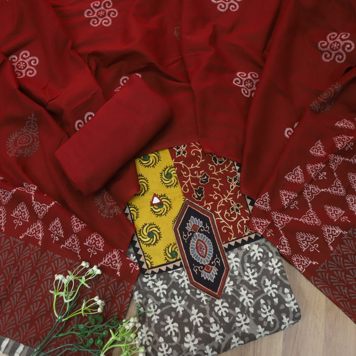 Rooprani Hazelnut Tan Beige Ajrak Patches with Mirror Work Printed Cotton Suit Set