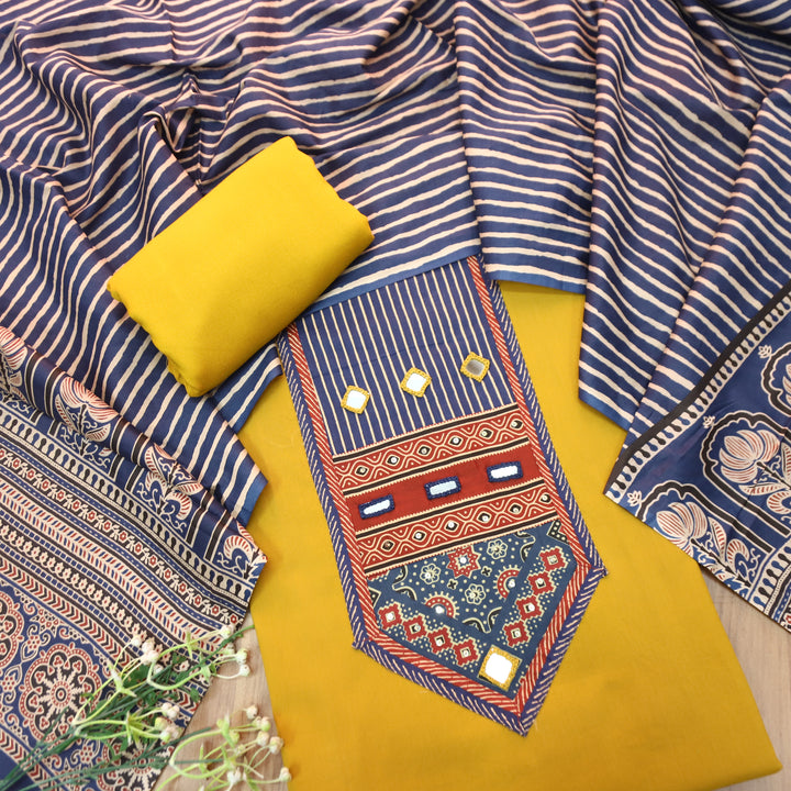 Roopsidhi Beetle Yellow Mirror With Printed Yoke Cotton Set
