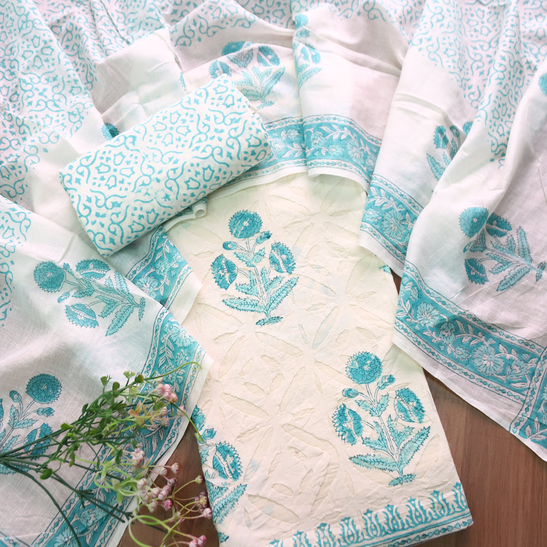 Shabaab Off White with Teal Block Print Applique Cotton Set
