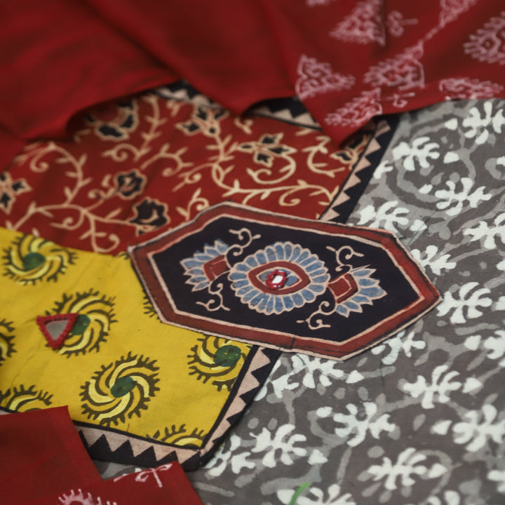Rooprani Hazelnut Tan Beige Ajrak Patches with Mirror Work Printed Cotton Suit Set