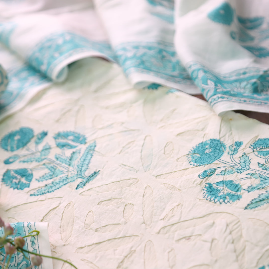 Shabaab Off White with Teal Block Print Applique Cotton Set