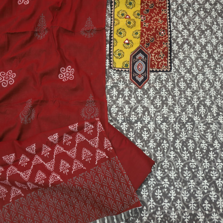 Rooprani Hazelnut Tan Beige Ajrak Patches with Mirror Work Printed Cotton Suit Set