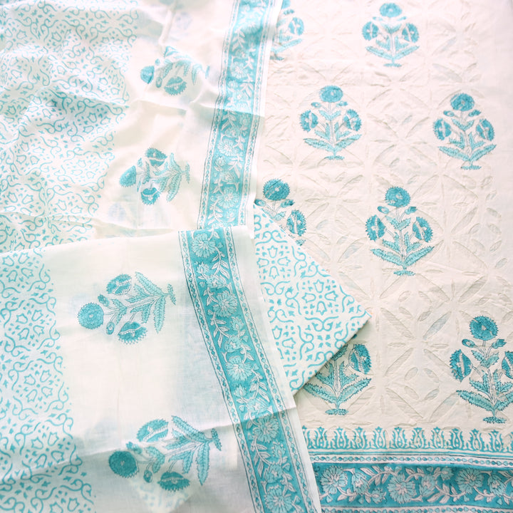 Shabaab Off White with Teal Block Print Applique Cotton Set