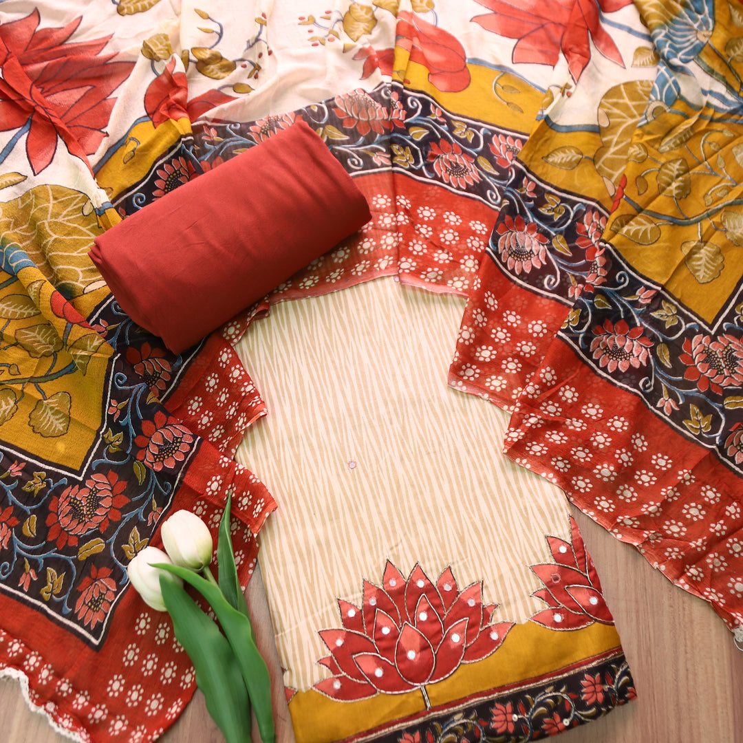 Amara Beige Self Printed with Red Floral Zari Work Jam Cotton Set