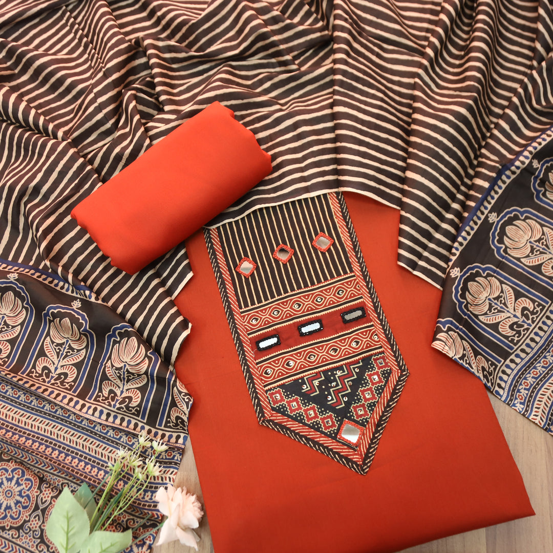 Roopsidhi Apple Red Mirror With Printed Yoke Cotton Set
