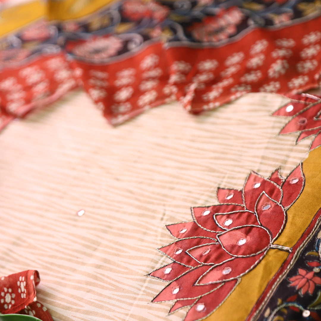 Amara Beige Self Printed with Red Floral Zari Work Jam Cotton Set