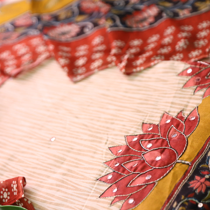 Amara Beige Self Printed with Red Floral Zari Work Jam Cotton Set