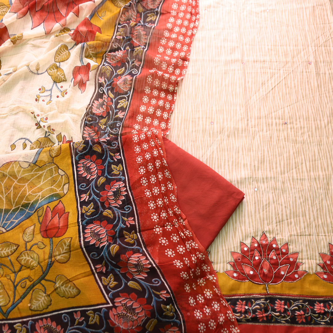 Amara Beige Self Printed with Red Floral Zari Work Jam Cotton Set