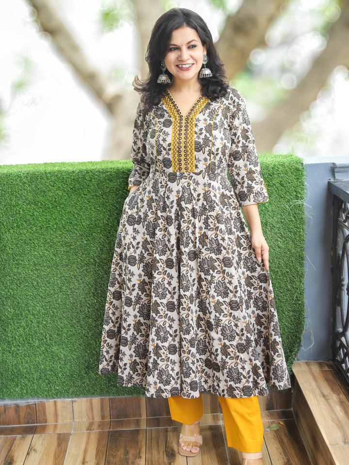 Palki White Yellow Kalamkari Anarkali Cotton Kurti