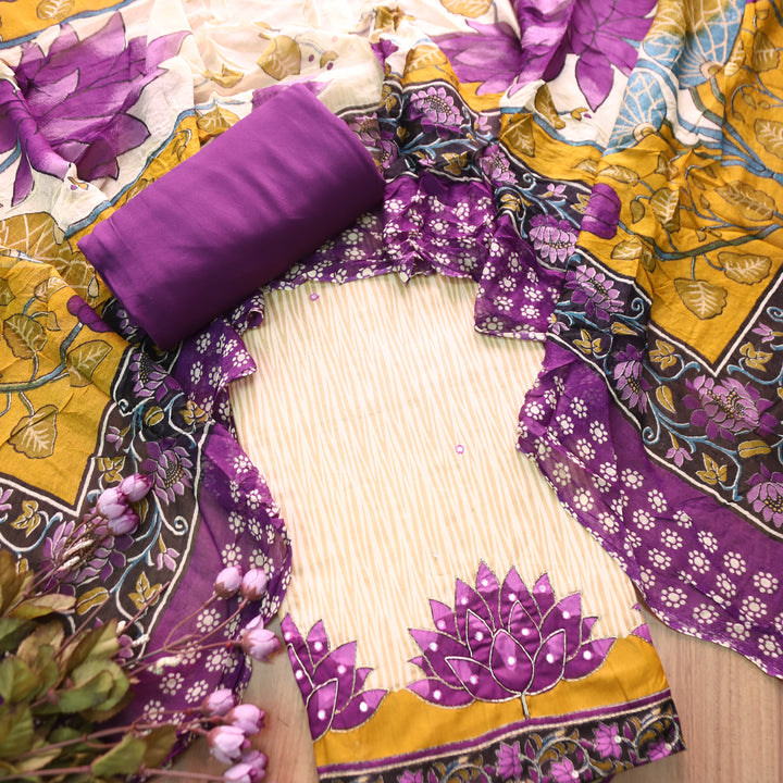 Amara Beige Self Printed with Purple Floral Zari Work Jam Cotton Set