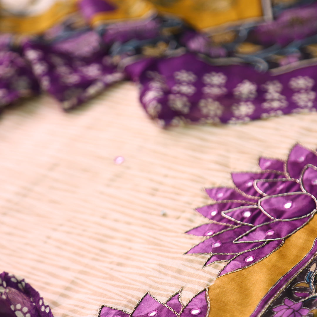 Amara Beige Self Printed with Purple Floral Zari Work Jam Cotton Set