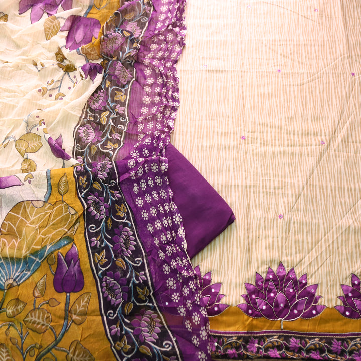 Amara Beige Self Printed with Purple Floral Zari Work Jam Cotton Set