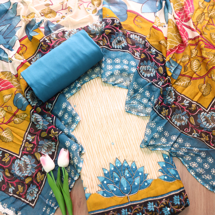 Amara Beige Self Printed with Teal Floral Zari Work Jam Cotton Set