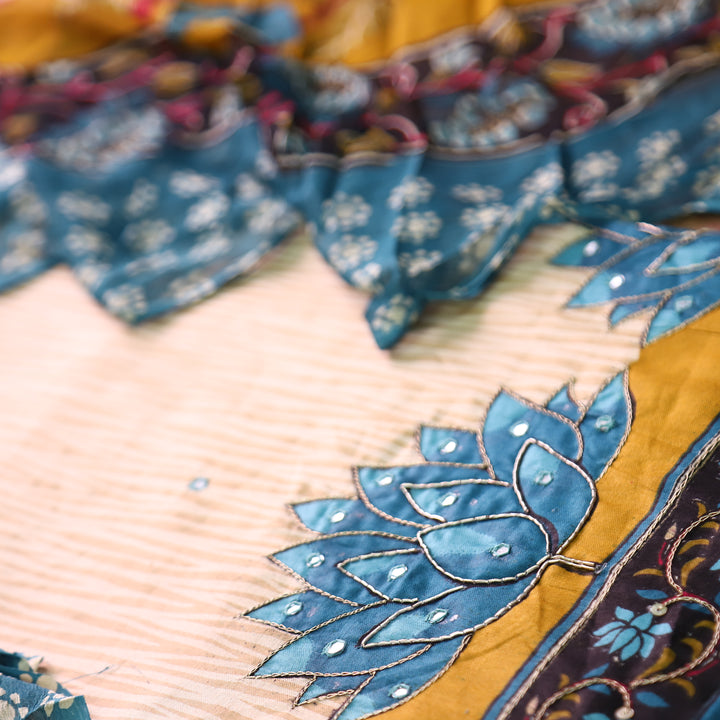 Amara Beige Self Printed with Teal Floral Zari Work Jam Cotton Set