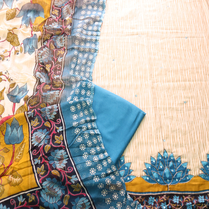 Amara Beige Self Printed with Teal Floral Zari Work Jam Cotton Set