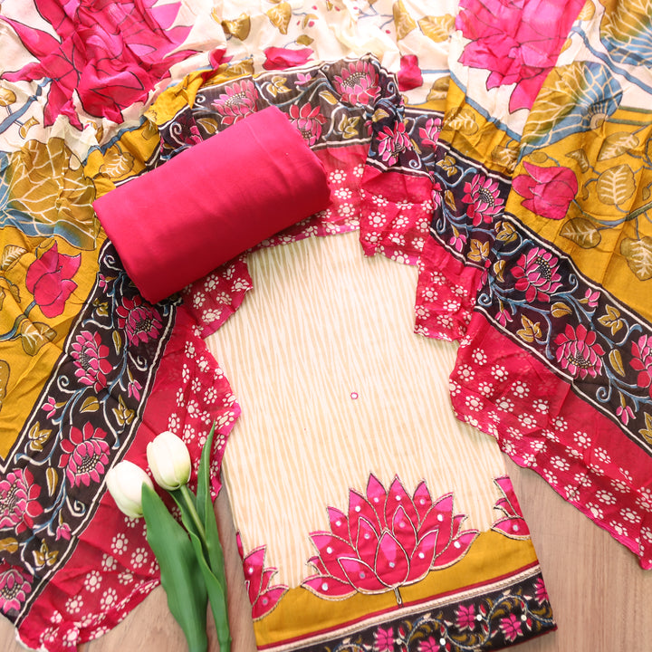 Amara Beige Self Printed with Pink Floral Zari Work Jam Cotton Set