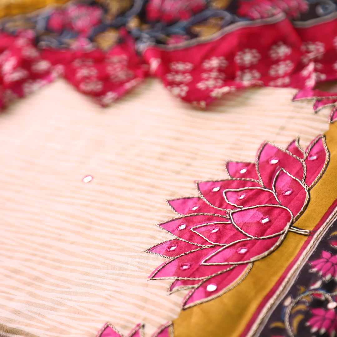 Amara Beige Self Printed with Pink Floral Zari Work Jam Cotton Set