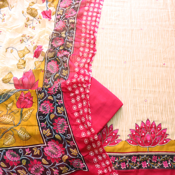 Amara Beige Self Printed with Pink Floral Zari Work Jam Cotton Set