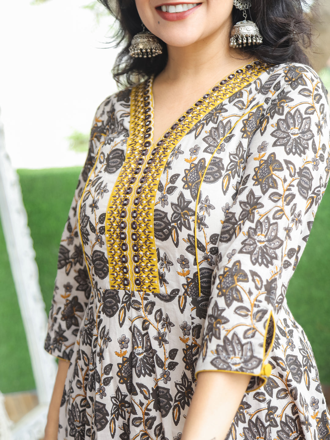 Palki White Yellow Kalamkari Anarkali Cotton Kurti