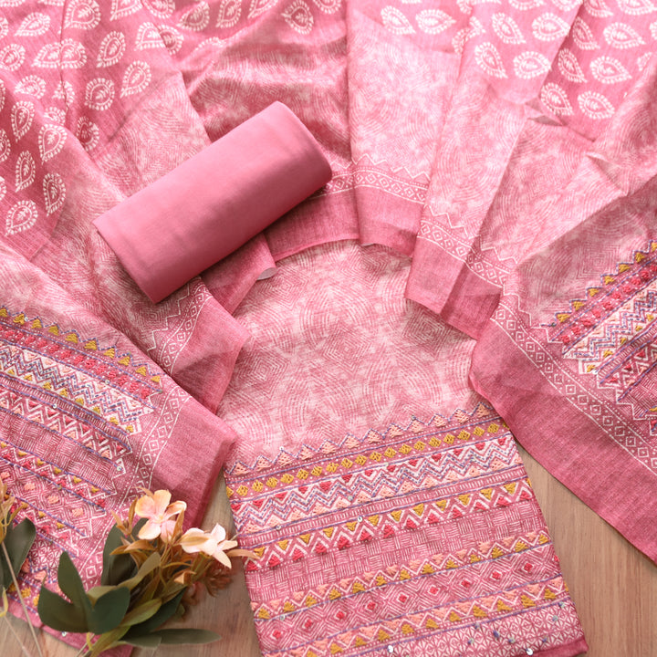 Iswah Mauve Pink Embroidered Hem Linen Suit Set