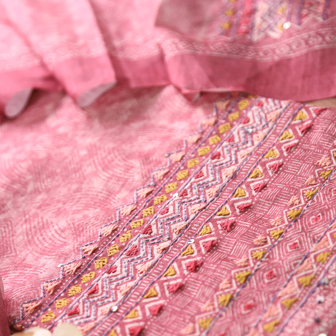Iswah Mauve Pink Embroidered Hem Linen Suit Set