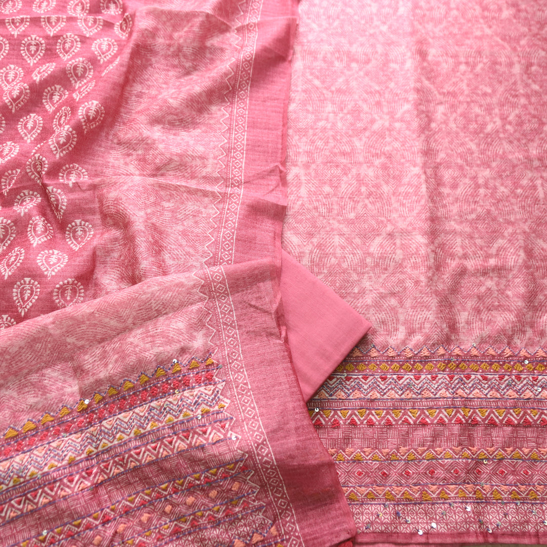 Iswah Mauve Pink Embroidered Hem Linen Suit Set
