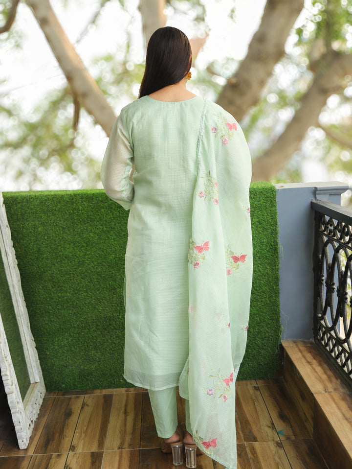 Barista Mint Green Bird Embroidered Neck Work Kota Doriya Suit Set