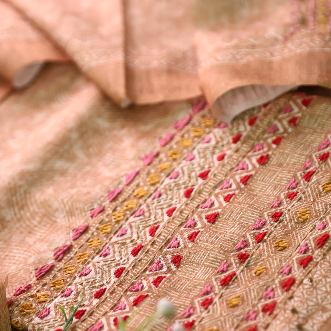 Iswah Peanut Beige Embroidered Hem Linen Suit Set